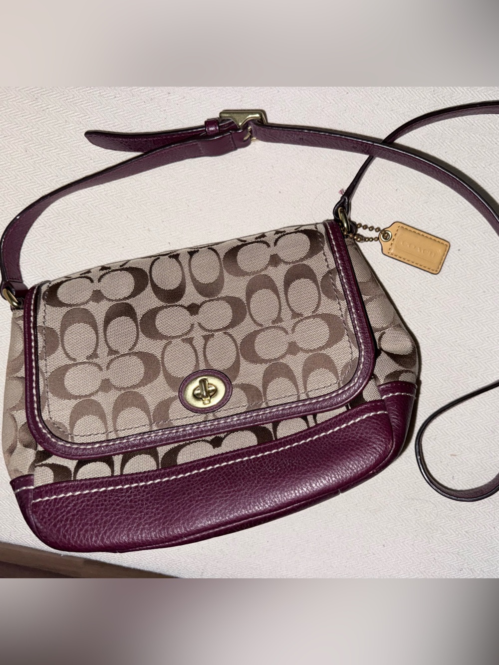 Coach Khaki Signature Canvas Crossbody with Plum Leather Trim